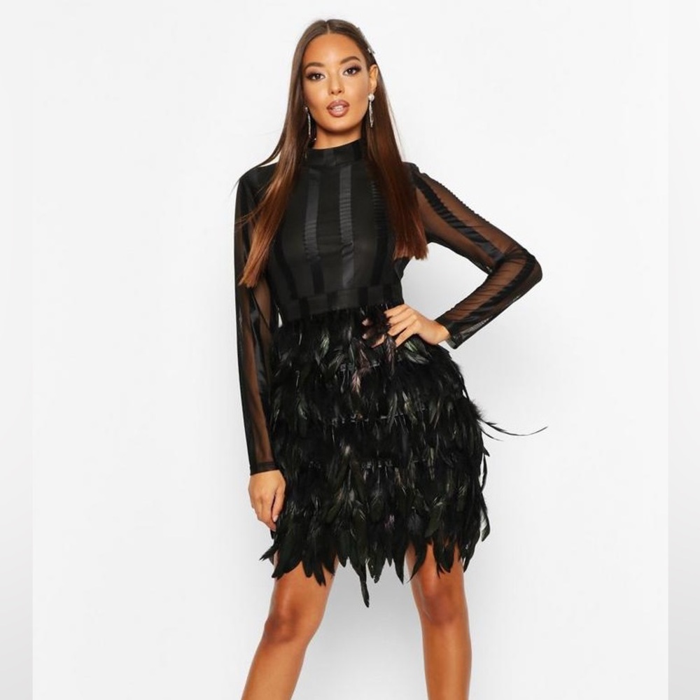 NWT BOOHOO Highneck Feather Skirt Mini Dress